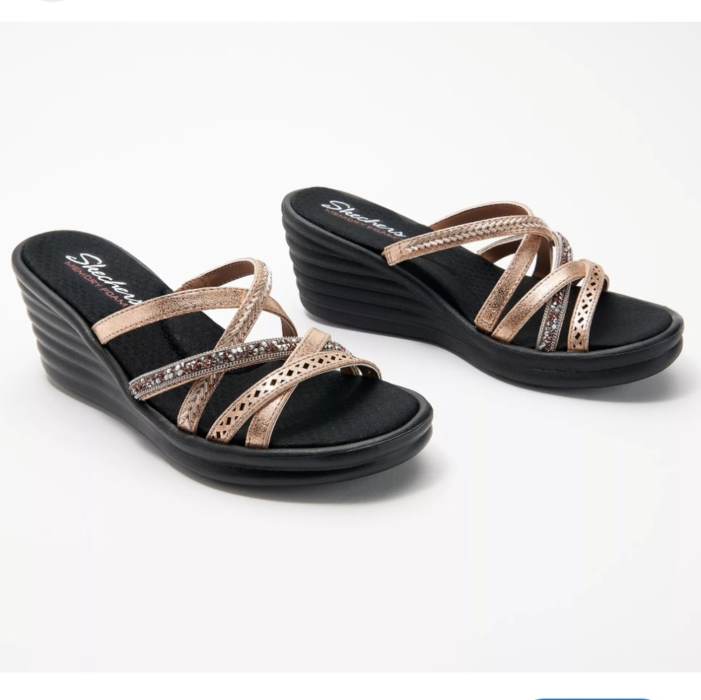 Skechers Lassie Wedge Rose Gold Memory Foam Sandals